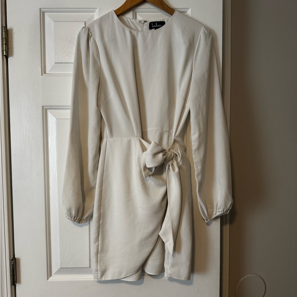 Lulus Believe It or Knot White Long Sleeve Tie-Front Skater Dress - Medium 0578